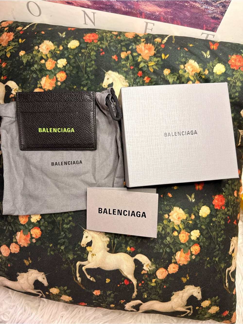 Original- Balenciaga Black Leather Card Holder with Neon Yellow Logo